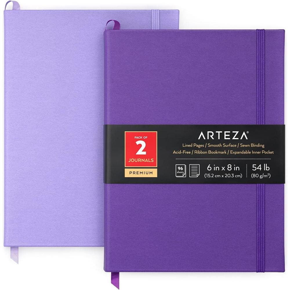 imageARTEZA Journal Notebooks Pack of 2 6x8 Inches 96 Sheets Green and Saddle Hardcover Notepads with Lined PaperLavender  Purple