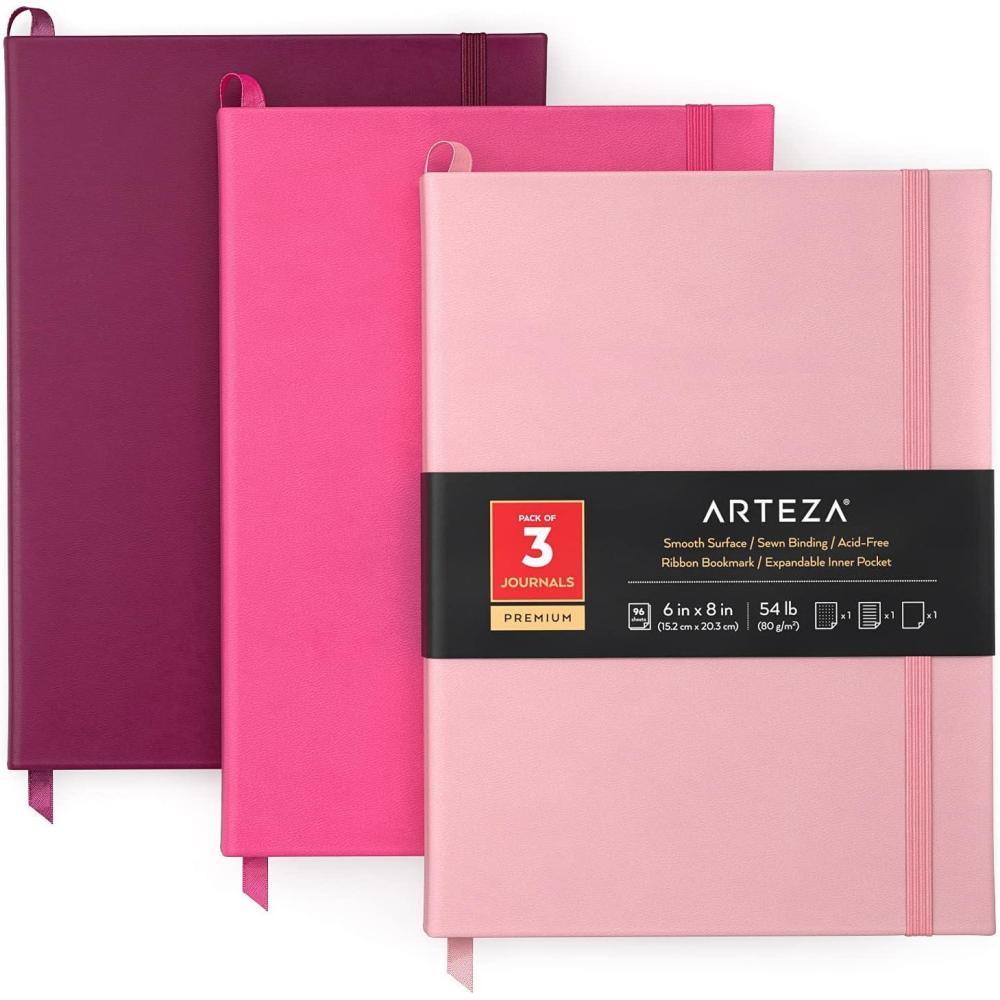imageARTEZA Journals Pack of 3 6x8 inch 96 Sheets Light Pink Dark Pink and Maroon Hardcover Notebooks with Smooth Lined Blank and Dotted PaperLight Pink  Dark Pink  Maroon