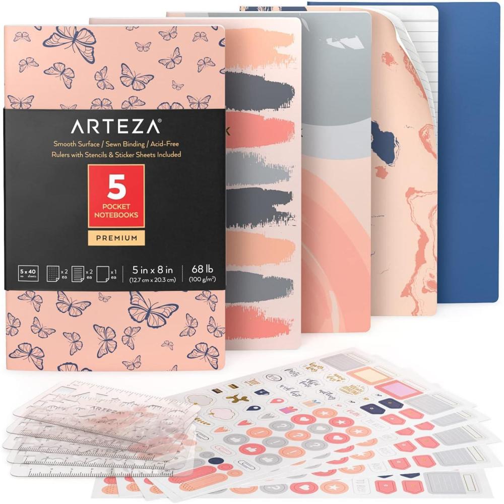 imageARTEZA Pocket Notebooks 5 x 8 Inches Set of 5 40 Sheets Each Abstract Design 2 Ruled 2 Dotted and 1 Blank Softcover Journal with Smooth PaperButterfly Designs