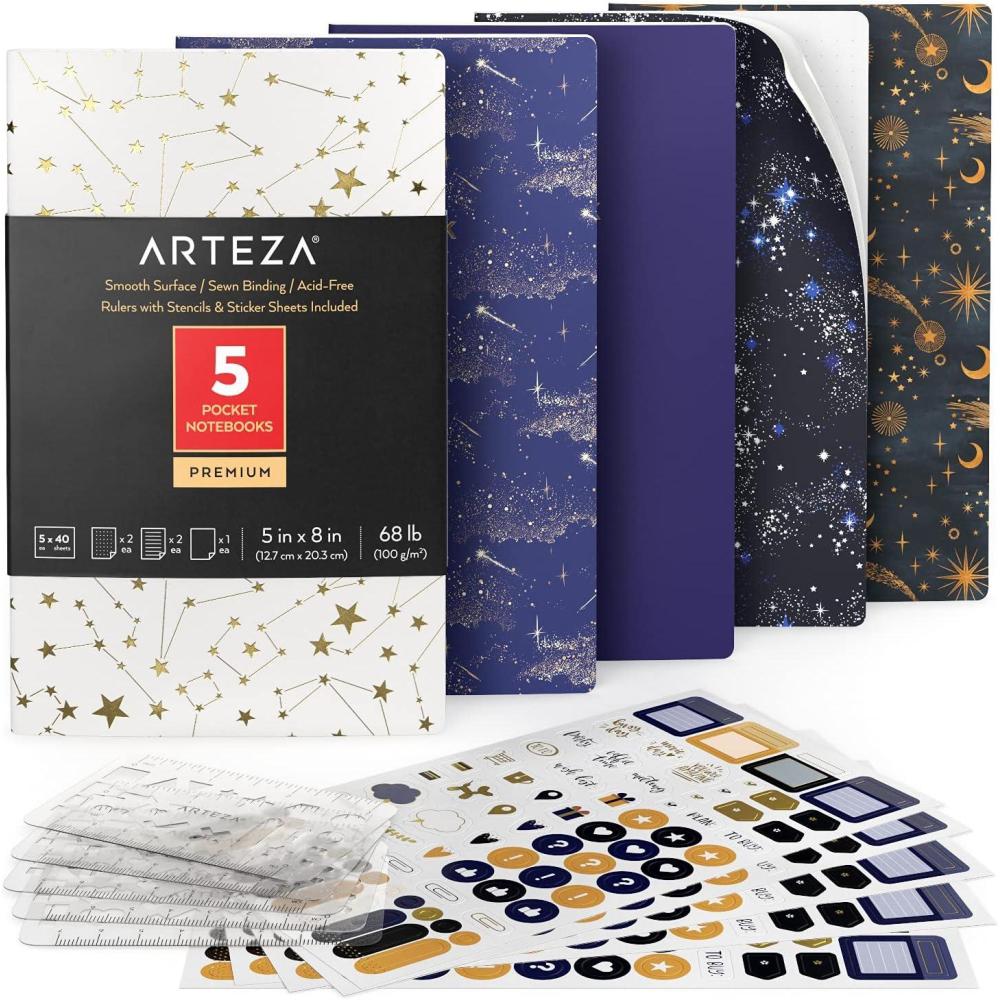 imageARTEZA Pocket Notebooks 5 x 8 Inches Set of 5 40 Sheets Each Abstract Design 2 Ruled 2 Dotted and 1 Blank Softcover Journal with Smooth PaperConstellation Designs