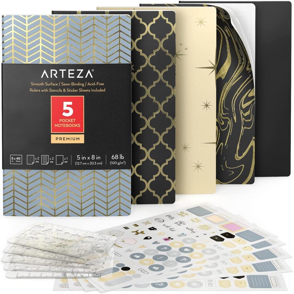 imageARTEZA Pocket Notebooks 5 x 8 Inches Set of 5 40 Sheets Each Abstract Design 2 Ruled 2 Dotted and 1 Blank Softcover Journal with Smooth PaperMoroccan Designs