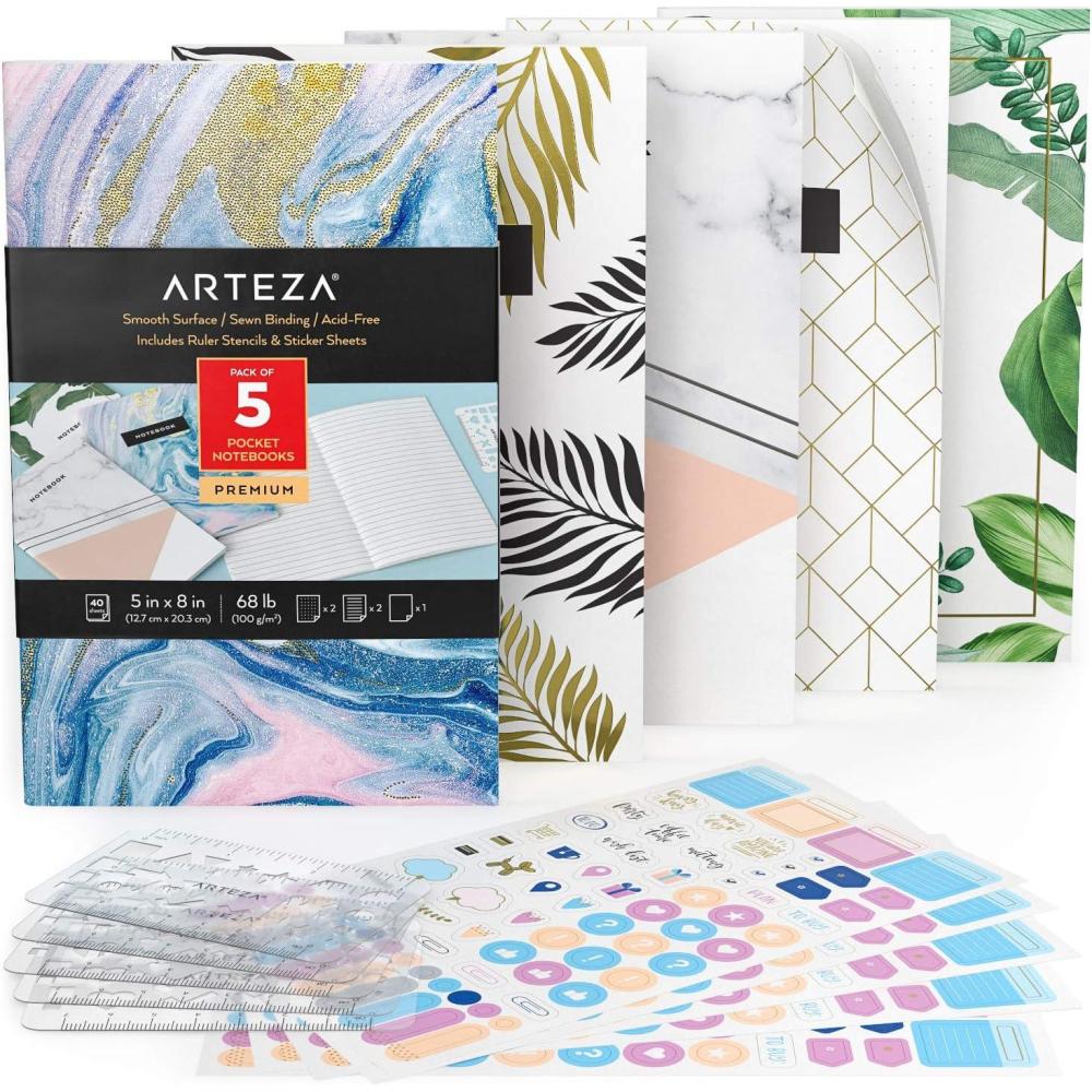 imageARTEZA Pocket Notebooks 5 x 8 Inches Set of 5 40 Sheets Each Abstract Design 2 Ruled 2 Dotted and 1 Blank Softcover Journal with Smooth PaperVarious Designs