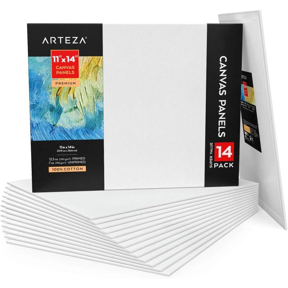 imageARTEZA Premium Canvas Boards for Painting 11 x 14 Inches Pack of 14 Blank White Canvas Panels for Acrylic Oil and Gouache Painting