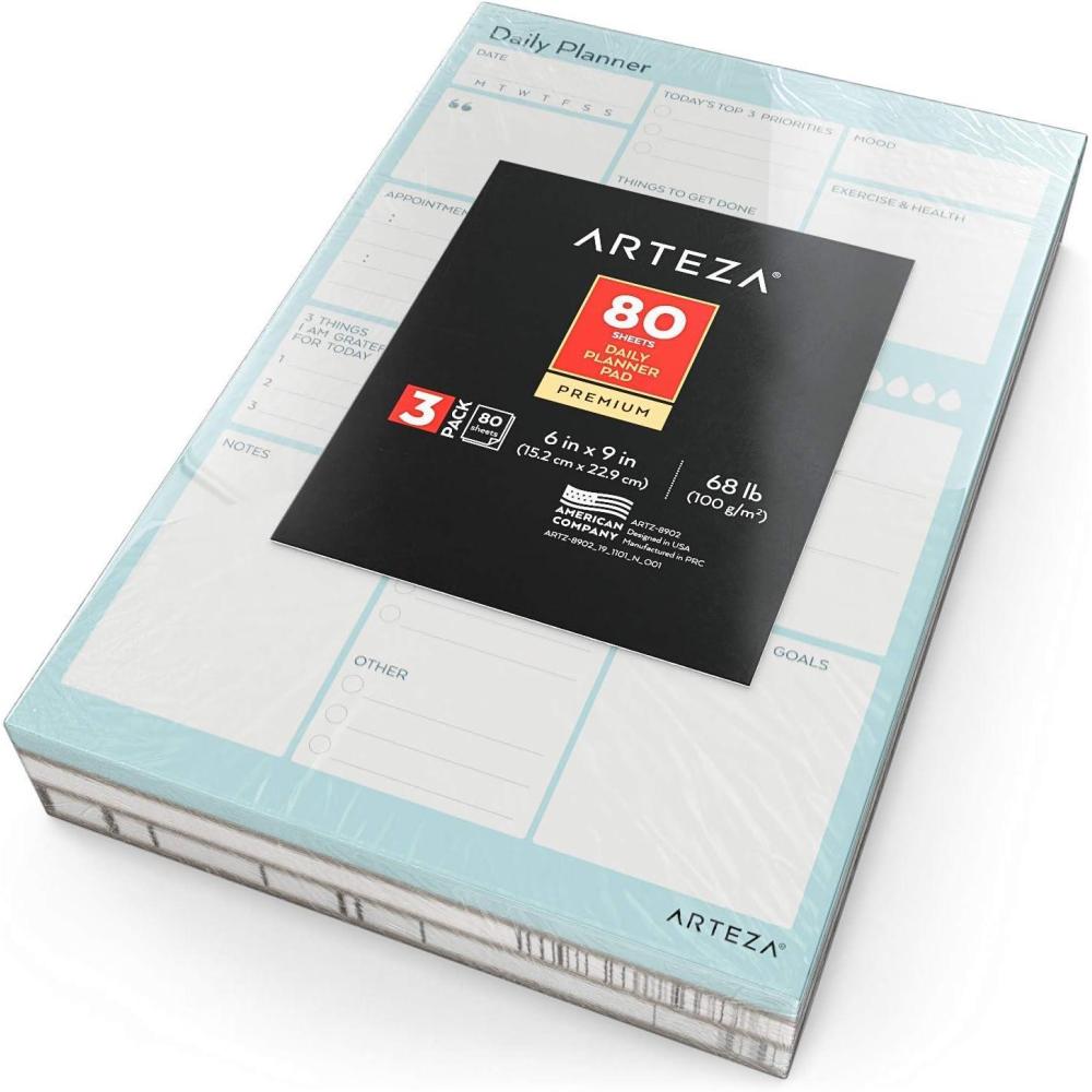 imageArteza Daily Planner 6x9 in 80 Sheets 100 GSM 3 Pack a Daily toDo List Planner for Priorities Meals Tasks Calendar Appointments Exercise Events Reminders Thought for The Day