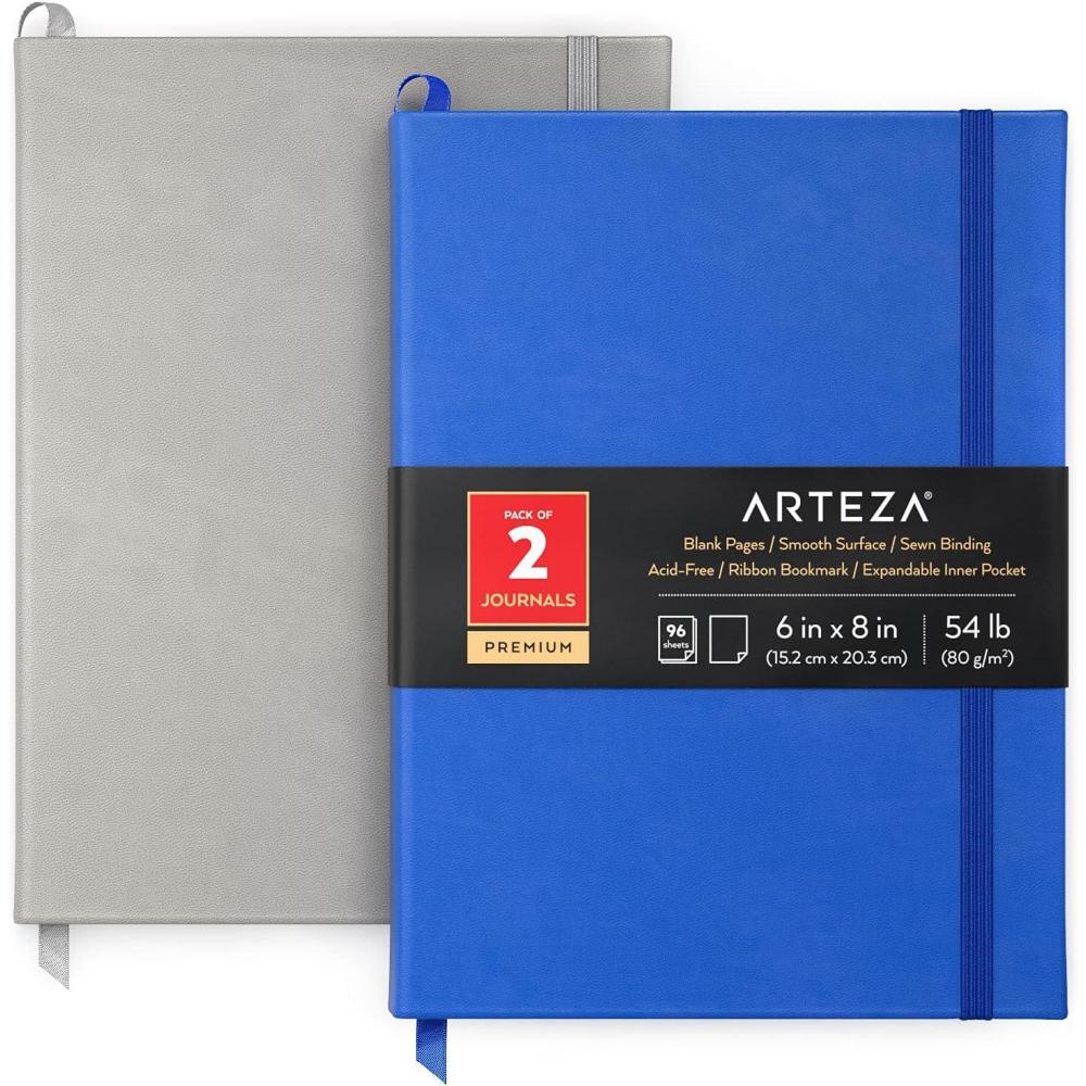 imageArteza Journal Blank Page Notebooks Pack of 2 6 x 8 inches 96 Sheets Hunter Green and Saddle Hardcover Notepads with Smooth Blank Paper for Writing JournalingCobalt Blue Gray