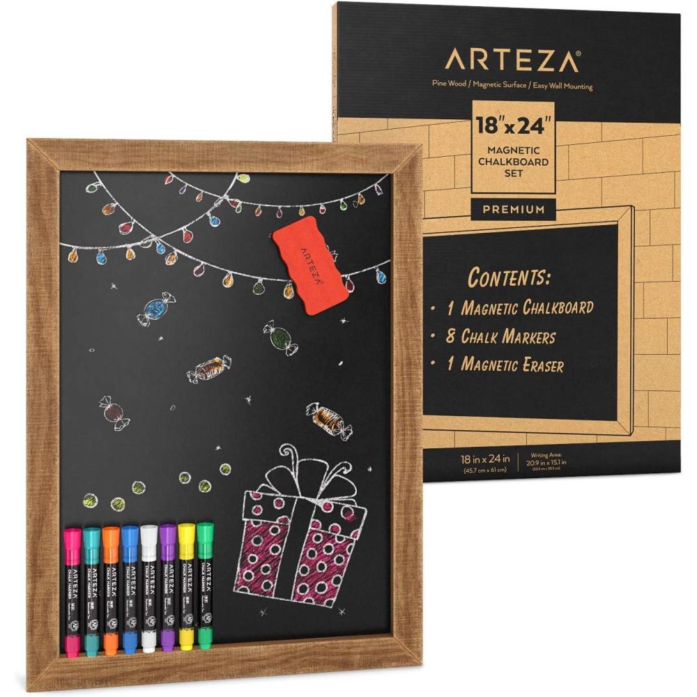 imageArteza Magnetic Chalkboard Sign 18x24 Inches Includes 8 Chalk Markers and Magnetic Eraser EasytoMount Decorative Blackboard Art Supplies for Cafes Stores Kitchen Weddings and Special Events