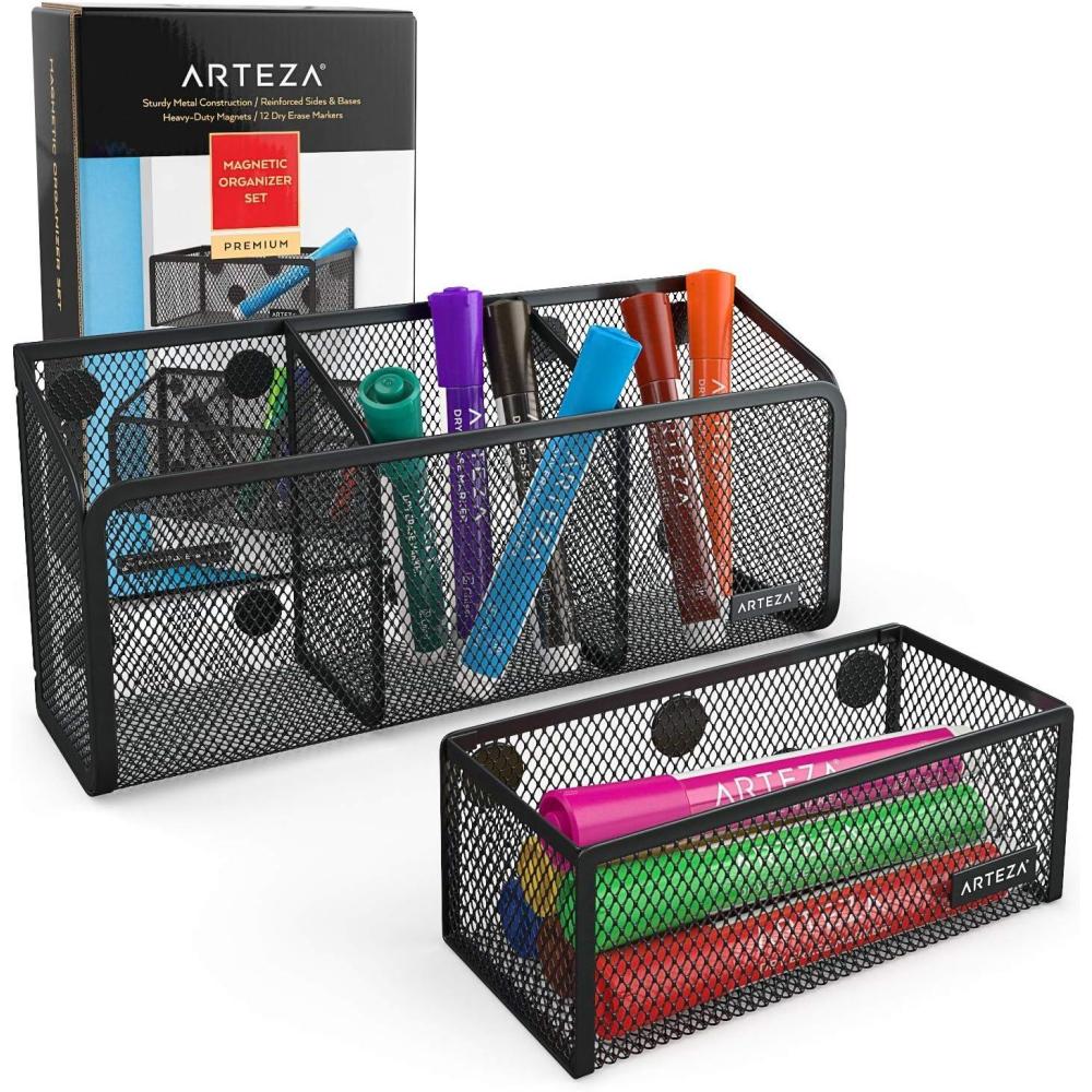 imageArteza Mesh Magnetic Basket Organizers Include 12 Dry Erase Markers Set of 2 Mesh Storage Baskets for Holding Whiteboard ampamp Office Accessories