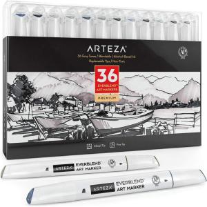 ARTEZA Alcohol Markers – Set of 120 EverBlend Dual Tip Art Markers with Fine and Chisel Nibs in 144-Slot Organizer for Drawing, Coloring, Illustration(Gray Tones)