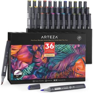 ARTEZA Alcohol Markers Set of 12 Classic Colors, EverBlend Dual-Tip Markers for Adult Coloring – Medium Chisel and Brush Nib(Flora Tones)
