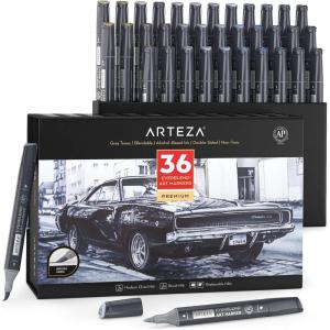 ARTEZA Alcohol Markers Set of 12 Classic Colors, EverBlend Dual-Tip Markers for Adult Coloring – Medium Chisel and Brush Nib(Grayscale Tones)