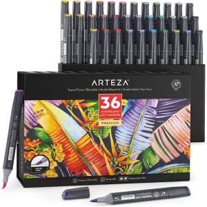 ARTEZA Alcohol Markers Set of 12 Classic Colors, EverBlend Dual-Tip Markers for Adult Coloring – Medium Chisel and Brush Nib(Tropical Tones)