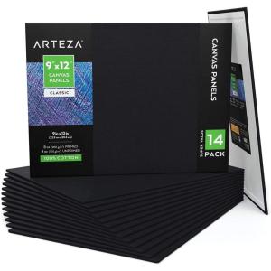 ARTEZA Black Canvas Boards for Painting, 9 x 12 Inches, Pack of 14, Blank Canvas Panels for Acrylic, Oil and Gouache Painting
