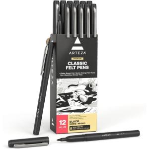 ARTEZA Black Felt Tip Pens, Pack of 12, 1.0–1.5 mm Fiber Tip, Quick-Drying Water-Based Ink, Art Supplies for School, Office, and Home(Black)