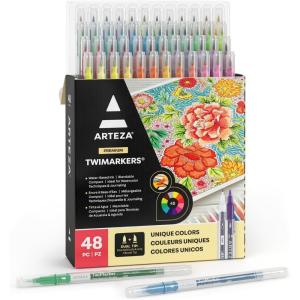 ARTEZA Dual Tip Brush Markers, Set of 100, Art Markers with Fine and Brush Tips, Dual Tip Pens for Adult Coloring, Calligraphy, Sketching, Doodling(1 Count (Pack of 48))