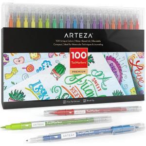 ARTEZA Dual Tip Brush Markers, Set of 100, Art Markers with Fine and Brush Tips, Dual Tip Pens for Adult Coloring, Calligraphy, Sketching, Doodling(1 Count (Pack of 100))