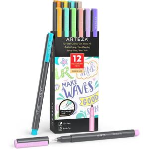 ARTEZA Felt Tip Pens, Set of 24 Seasonal Brush Tip Calligraphy Pens, Dye-Based Ink(12 Pastel Brush Tip)