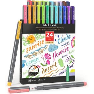ARTEZA Felt Tip Pens, Set of 24 Seasonal Brush Tip Calligraphy Pens, Dye-Based Ink(24 Landscape Brush Tip)