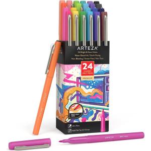 ARTEZA Felt Tip Pens, Set of 24, Sherbet Colors, 1.0–1.5mm Fiber Tip, Quick-Drying Ink(Pink)