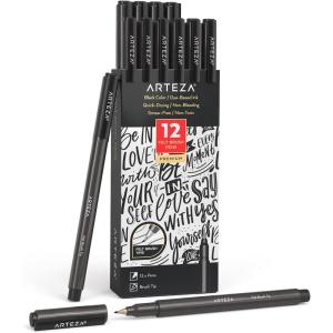 ARTEZA Felt-Tip Brush Pens, Set of 12 Nontoxic Black Markers, Quick-Dry and Smear-Proof(1 Count (Pack of 12))