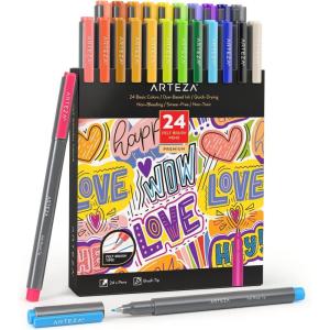 ARTEZA Felt-Tip Brush Pens, Set of 12 Nontoxic Black Markers, Quick-Dry and Smear-Proof(1 Count (Pack of 24))