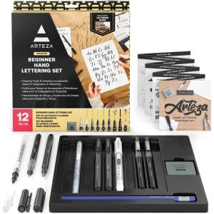 ARTEZA Hand Lettering Pens Set of 12 – Calligraphy and Brush Pens with Guidebook, Pencil, Eraser for Beginners Learning Hand Lettering and Decorative Writing