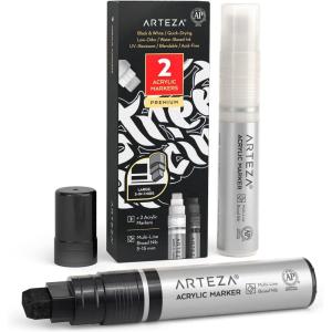 ARTEZA Metallic Acrylic Paint Pens, Set of 2, Silver & Gold, 3-in-1 Multi-Line Nibs, 5–15 mm Line, UV-Resistant Paint Markers for Rocks, Glass, Metal, and Wood, Art Supplies for Office and Home(White&Black)