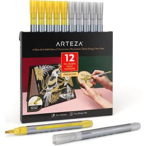 ARTEZA Metallic Oil Based Paint Markers, 12-Pack, 6 Silver and 6 Gold, 1.3 mm Line, Permanent Pens, Craft and Art Supplies for Canvas, Wood, Glass(Metallic)