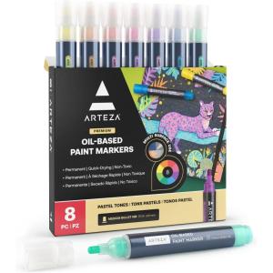 ARTEZA Metallic Oil Based Paint Markers, 12-Pack, 6 Silver and 6 Gold, 1.3 mm Line, Permanent Pens, Craft and Art Supplies for Canvas, Wood, Glass(Pastel)