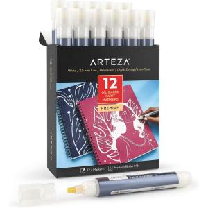 ARTEZA Oil Based Paint Markers, 12-Pack, White, 2.5 mm Line, Permanent Pens, Waterproof Craft and Art Supplies for Stone, Wood, Glass, Metal, Canvas(Large barrel)