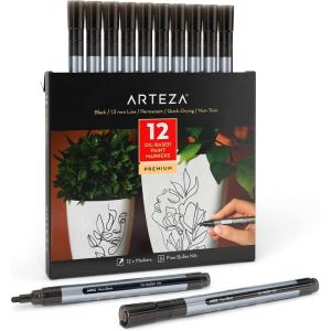 ARTEZA Oil Based Paint Markers, 12-Pack, White, 2.5 mm Line, Permanent Pens, Waterproof Craft and Art Supplies for Stone, Wood, Glass, Metal, Canvas(Small barrel)