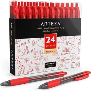 ARTEZA Red Gel Pens Pack of 24, 0.7mm Medium Point, Quick Drying Ink for Smooth Writing, Office & School Supplies(1 Count (Pack of 24))