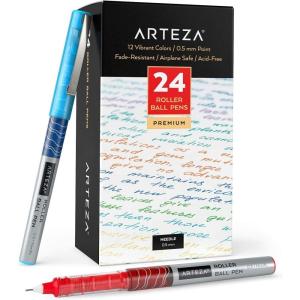 ARTEZA Rollerball Pens Fine Point, Set of 20 Blue Liquid Ink, Extra Fine 0.5 mm Needle Tip Pen, Make Precise Lines, Office Supplies for Writing, Notetaking, and Drawing(Multicolor)