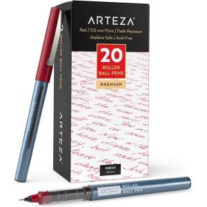 ARTEZA Rollerball Pens Fine Point, Set of 20 Blue Liquid Ink, Extra Fine 0.5 mm Needle Tip Pen, Make Precise Lines, Office Supplies for Writing, Notetaking, and Drawing(Red)