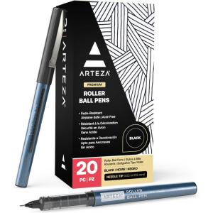 ARTEZA Rollerball Pens Fine Point, Set of 20 Blue Liquid Ink, Extra Fine 0.5 mm Needle Tip Pen, Make Precise Lines, Office Supplies for Writing, Notetaking, and Drawing(Black)