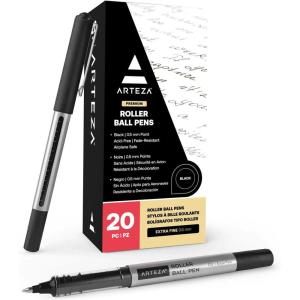 ARTEZA Rollerball Pens, Pack of 20 – Blue Liquid Ink Pens with 0.7 mm Fine Point for Note-Taking, Bullet Journaling, Office & School Writing Tasks(Black)