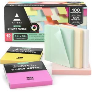 ARTEZA Sticky Notes, 3×3 Inches, 12 Pads, Bulk Pack of Assorted Multicolor Self-Adhesive Notes for Office, School & Home