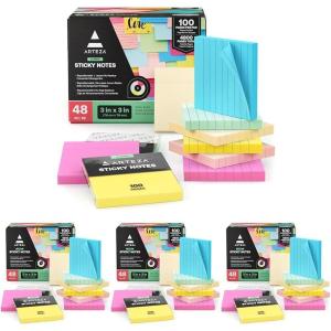 ARTEZA Sticky Notes, 3×3 Inches, 48 Lined & Blank Pads, Bulk Pack of Assorted Multicolor Self-Adhesive Notes for Office, School & Home(192 Pack)
