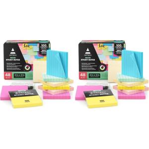 ARTEZA Sticky Notes, 3×3 Inches, 48 Lined & Blank Pads, Bulk Pack of Assorted Multicolor Self-Adhesive Notes for Office, School & Home(96 Pack)
