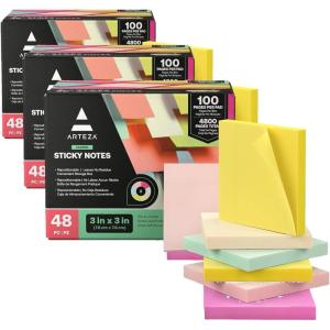 ARTEZA Sticky Notes 3×3 inches, 48 Sticky Pads, Bulk Sticky Note Pads, Assorted Multicolor Self-Adhesive Notes(144 Pack)