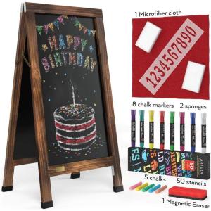 Arteza 40×20 Inch A-Frame Chalkboard Easel Set, Outdoor Chalkboard Sign with Chalk Sticks, Chalk Markers, Erasers, and Stencils, Standing Sign, Office Supplies for Businesses, Announcements & Events(40×20 Inch + Markers)