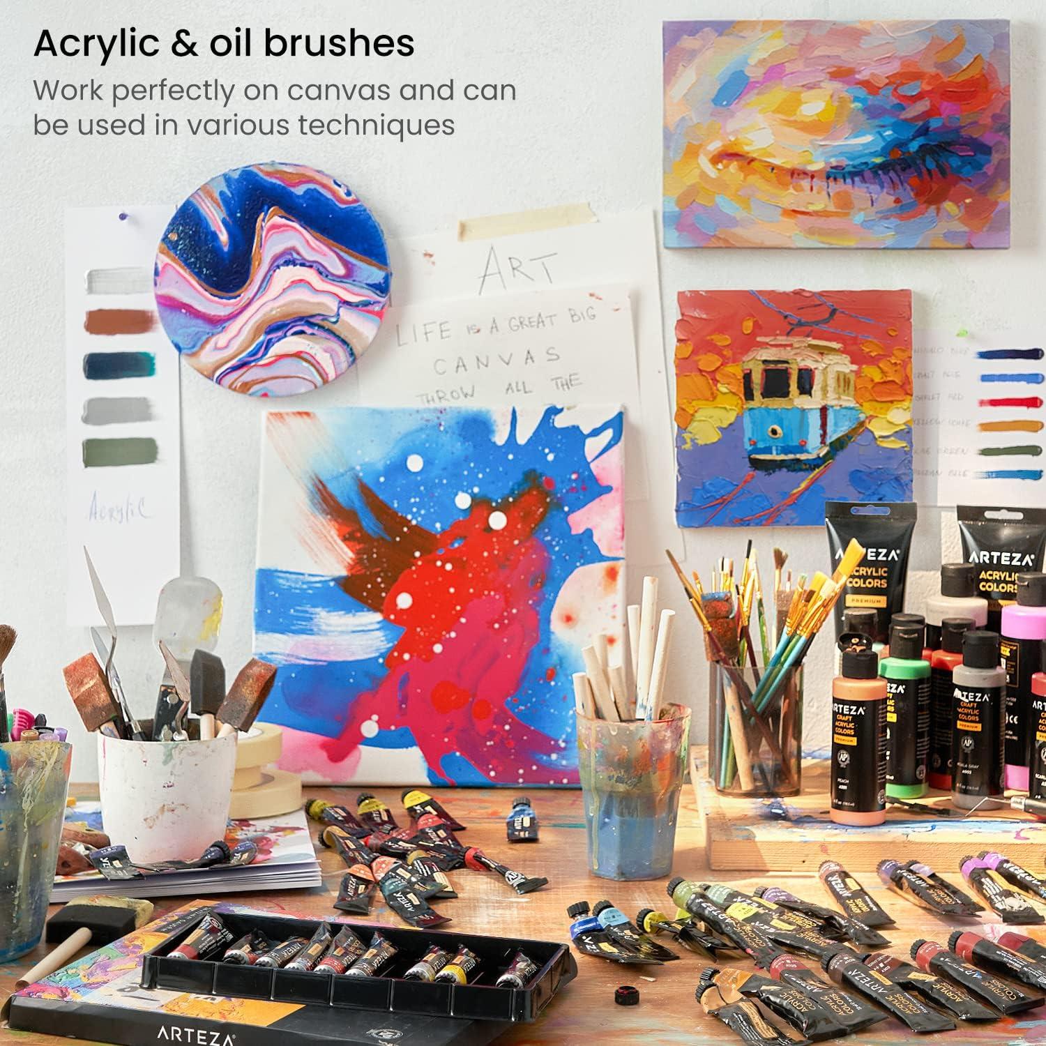 imageARTEZA Paint Brush Set 72 Brushes with Foam Flat ampamp Detail Tips Mixed Handles Art Brushes for Watercolor Acrylic on Canvas Paper or Wood35 Craft Brushes