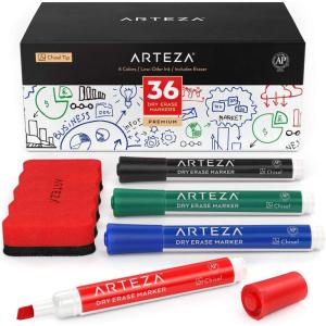ARTEZA Dry Erase Markers Bulk Pack of 52, 12 Assorted Colors, Low-Odor Ink Whiteboard Pens with Chisel Tip, Office Supplies for Classroom, Home & Teachers(4 Colors)