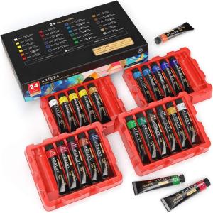 ARTEZA Oil Paint Set – 24 Multicolor Tubes (0.4 Fluid Ounces Each), Vibrant Oil-Based Paints for Canvas & Art Projects