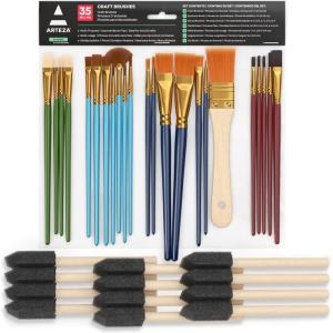ARTEZA Paint Brush Set, 72 Brushes with Foam, Flat & Detail Tips, Mixed Handles, Art Brushes for Watercolor, Acrylic on Canvas, Paper or Wood(35 Craft Brushes)