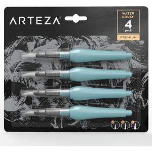 ARTEZA Water Brush Pen, Set of 4, Assorted Soft Nylon Bristle Tips, Self-Moistening Water Brush, Refillable Water Pen(Set of 4)