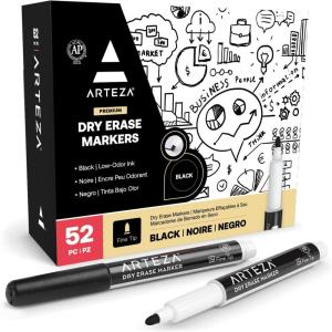 ARTEZA Dry Erase Markers Fine Tip – Bulk Pack of 36 Low-Odor Whiteboard Pens in 12 Assorted Colors for Classrooms, Offices & Daily Planning(1 Count (Pack of 52))