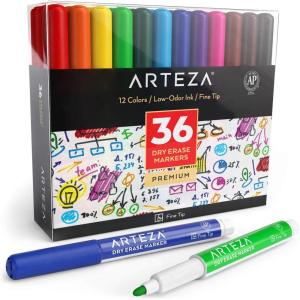 ARTEZA Dry Erase Markers Fine Tip – Bulk Pack of 36 Low-Odor Whiteboard Pens in 12 Assorted Colors for Classrooms, Offices & Daily Planning(1 Count (Pack of 36))