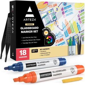 ARTEZA Glass Board Markers, Pack of 18, 10 Classic and 8 Neon Colors for Whiteboards and Windows, Erasable Dry Erase Markers, Office, School Supplies(Assorted)