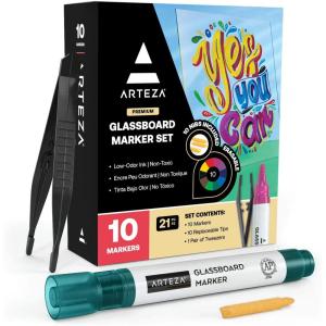 ARTEZA Glass Board Markers, Pack of 18, 10 Classic and 8 Neon Colors for Whiteboards and Windows, Erasable Dry Erase Markers, Office, School Supplies(Neon)
