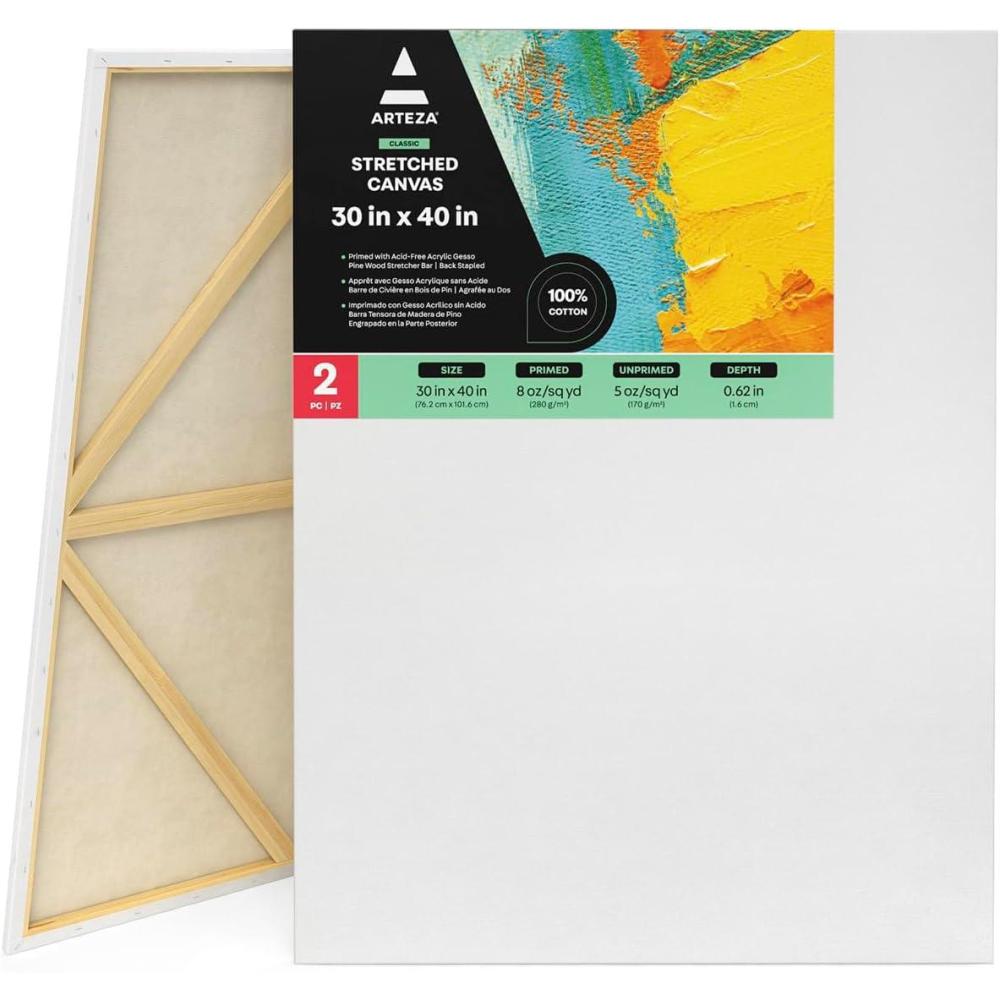 imageARTEZA Stretched Canvas 30 x 40 Inches Pack of 2 Blank White Large Canvas for Painting for Acrylic Oil and Gouache Paints